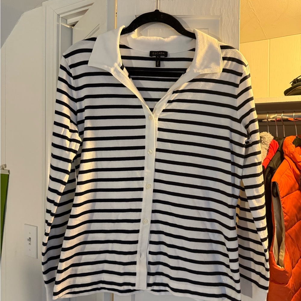 Escada Black and White Striped Button-Up Shirt